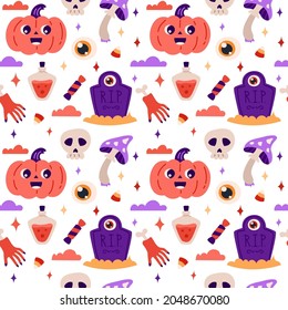 Happy Halloween. Seamless pattern. Cute vector illustration with pumpkin, hand with bone,  candy, potion, skull, headstone, mushroom.