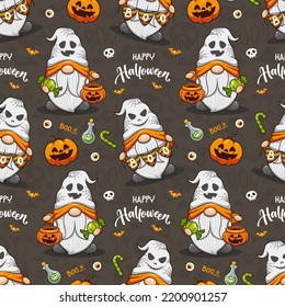 Happy Halloween Seamless Pattern With Cute Gnome And Pumpkin, Cute Cartoon Illustration