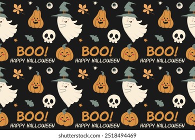 Happy Halloween seamless pattern with cute ghosts, skull, pumpkin, eye, fallen leaves and typography on black background. Vector illustration for poster, banner, cover and social media.