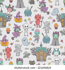 Happy Halloween seamless pattern with cute characters - vampire, zombie, dracula, pumpkin, witch, ghost, bat, devil, mummy, skeleton, owl and black cat