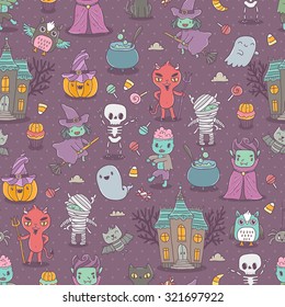 Happy Halloween seamless pattern with cute characters - vampire, zombie, dracula, pumpkin, witch, ghost, bat, devil, mummy, skeleton, owl and black cat