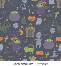 Happy Halloween seamless pattern with cute characters - pumpkin, witch, ghost, bat, devil, mummy, skeleton, raven, owl and black cat. Funny cauldron, house, candle, spider web.