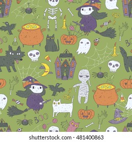 Happy Halloween seamless pattern with cute characters - pumpkin, witch, ghost, bat, devil, mummy, skeleton, raven, owl and black cat. Funny cauldron, house, candle, spider web