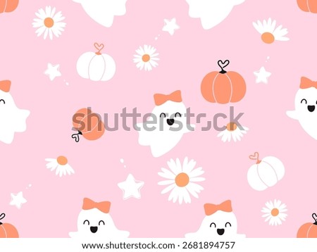 Happy Halloween seamless pattern with cute flying ghost, ribbon bows, stars and daisy chamomile flower on pink background vector.
