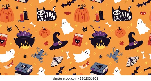 Happy Halloween seamless pattern with decoration carnival elements. Mystical magic art, cartoon style. Trendy modern vector illustration on orange background, hand drawn, flat design