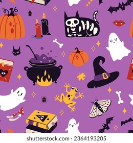 Happy Halloween seamless pattern with decoration carnival elements. Mystical magic art, cartoon style. Trendy modern vector illustration on purple background, hand drawn, flat design