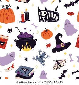 Happy Halloween seamless pattern with decoration carnival elements. Mystical magic art, cartoon style. Trendy modern vector illustration on white background, hand drawn, flat design