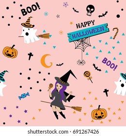 Happy Halloween seamless pattern design with cute witch girl,little ghost and pumpkin on pink pastel background color.