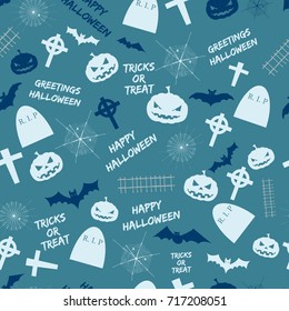 Happy Halloween seamless pattern design with pumpkins cemetery crosses flying bats on blue background vector illustration
