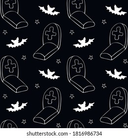 Happy Halloween. Seamless pattern of doodles Graves, Tombstone, crosses and bat. Night at the cemetery, isolated. Vector holiday backgrounds and textures