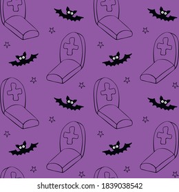 Happy Halloween. Seamless pattern of doodles Graves, Tombstone, crosses and bat. Night at the cemetery, isolated. Vector holiday backgrounds and textures
