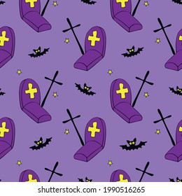 Happy Halloween. Seamless pattern of doodles Graves, Tombstone, crosses and bat. Night at the cemetery, isolated. Vector holiday backgrounds and textures