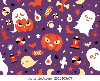 Happy Halloween seamless Pattern, Elements Pattern. Surface design, Pattern Design. Happy Halloween day. purple background assets. Trick or treat