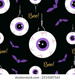 happy halloween seamless pattern with eyeball hanging on hook, background with monster eyeballs and bats, flat vector illustration