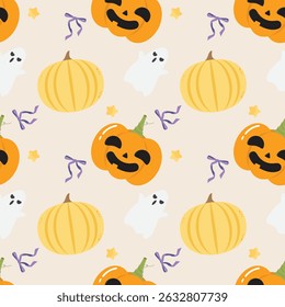 Happy halloween seamless pattern for fabric or background. Cute character of pumpkin ghost star and coquette bow in orange and purple illustration flat vector.