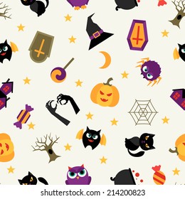 Happy Halloween seamless pattern with flat icons.
