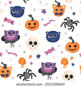 Happy Halloween seamless pattern. Funny magic repeat background. Cute cats and pumpkins characters on white background. Autumn holiday print for fabric, textile or wrapping paper.