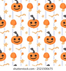 Happy Halloween seamless pattern. Funny magic repeat background. Cute pumpkin characters and mushrooms on white background. Autumn holiday print for fabric or wrapping paper.