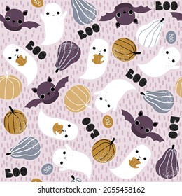 Happy Halloween seamless pattern with ghost, bat and pumpkins. Vector hand drawn illustration.
