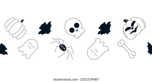 Happy Halloween seamless pattern with ghost, bats, spider web, skull and pumpkins. Helloween spooky repeating banner background. Outline vector illustration