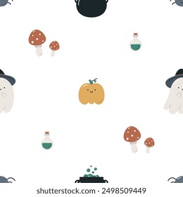 Happy Halloween seamless pattern with ghost, pumpkin, mushroom fly agaric, potion. Flat vector background. Halloween design. Creative texture for fabric, wrapping, textile, wallpaper, apparel.