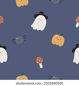 Feliz Halloween sin patrón con fantasma, calabaza, mosca de setas agárico, araña. Fondo de Vector plano. Diseño de Halloween. Textura creativa para la tela, envoltura, textil, Fondo de pantalla, ropa.