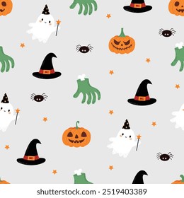 Happy Halloween seamless pattern. Ghost, spider, zombie hand, pumpkin, hat in hand-drawn style. Helloween holiday  kids texture design. Colored flat vector illustration. Isolated grey background.