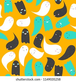 Happy Halloween seamless pattern with ghosts. Vector hand drawn illustration.