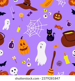 Happy Halloween seamless pattern with ghosts, skulls, bats, and other elements. Hand-drawn flat vector illustration.