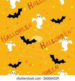 Happy halloween seamless pattern with ghosts and bats 