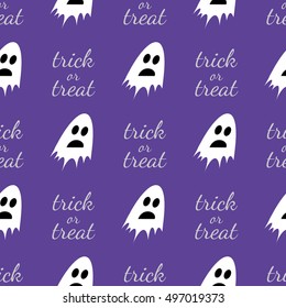 Happy Halloween seamless pattern with ghosts on dark purple background. Abstract Halloween texture for your holiday design. Trick or treat endless texture. Vector illustration