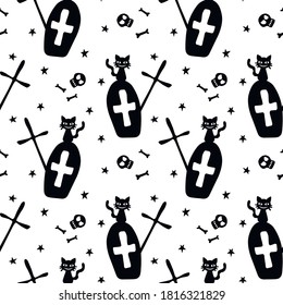 Happy Halloween. Seamless pattern of Graves, Tombstone, crosses, bones and black cats. Night at the cemetery, isolated. Vector holiday backgrounds and textures