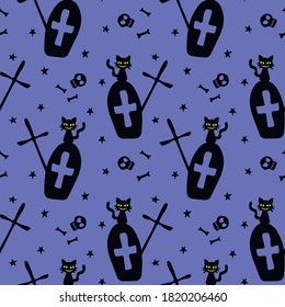 Happy Halloween. Seamless pattern of Graves, Tombstone, crosses, bones and black cats. Night at the cemetery, isolated. Vector holiday backgrounds and textures