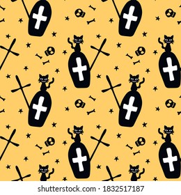 Happy Halloween. Seamless pattern of Graves, Tombstone, crosses, bones and black cats. Night at the cemetery, isolated. Vector holiday backgrounds and textures