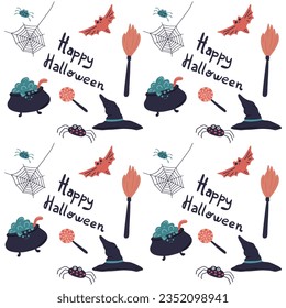 Happy halloween seamless pattern with hat and spiders