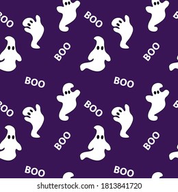 Happy Halloween. Seamless pattern for holiday products, backgrounds, packaging, fabrics. Flying ghosts on purple background