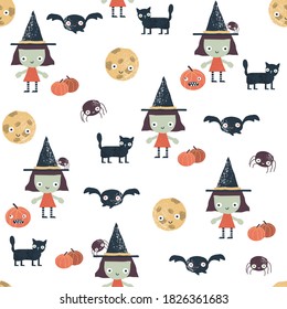 Feliz patrón impecable de Halloween. Huella de vacaciones con bruja, calabazas y gato. Ilustración dibujada a mano por vectores.