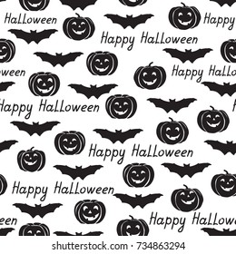 Happy Halloween seamless pattern. Holiday background with bat, pumpkin, lettering