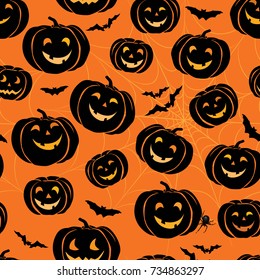 Happy Halloween seamless pattern. Holiday ornamental background with bat, pumpkin