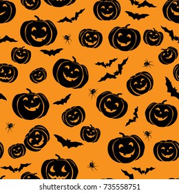 Happy Halloween seamless pattern. Holiday party background with bat, pumpkin, spider