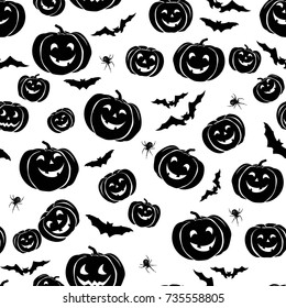 Happy Halloween seamless pattern. Holiday party background with bat, pumpkin, spider