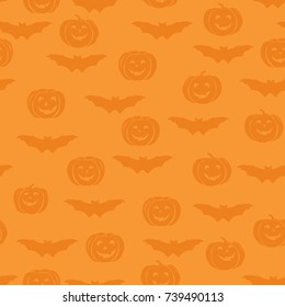 Happy Halloween seamless pattern. Holiday ornamental background with bat, pumpkin