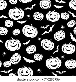 Happy Halloween seamless pattern. Holiday party background with bat, pumpkin, spider