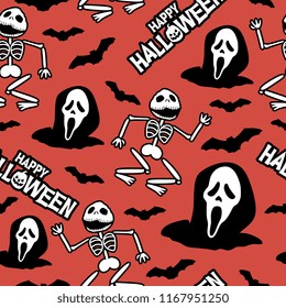 Happy halloween seamless pattern with human bone and grim reaper. Vector illustration for fashion textile, wrapping, and print.