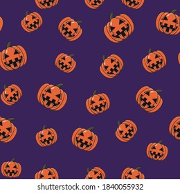 Feliz Halloween. Patrón sin foco. Ilustración de la calabaza vectorial sobre fondo morado. Diseño plano. Truco o trato. 