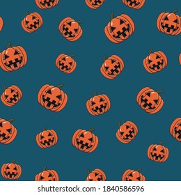 Happy Halloween. Seamless pattern. Illustration of vector pumpkin on blue/green background. Flat design. Trick or treat. 