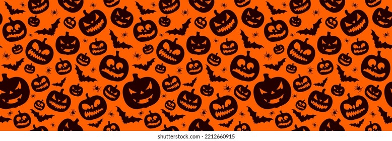 Happy Halloween Seamless Pattern Illustration With Cute Pumpkin And Flying Bats On Orange Background. Vector Autumn Holiday Design Template For Greeting Card, Flyer, Banner, Celebration Poster Or