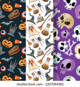 Happy Halloween seamless pattern with Jack O' Lantern pumpkins, skull, bat, spider holiday party decorations. Watercolor Cartoon background illustration. Halloween spooky cemetery scrapbook paper