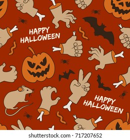 Happy halloween seamless pattern with lanterns of jack hands worms and bats on red background vector illustration