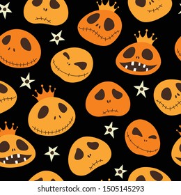 Happy Halloween. Seamless pattern with monsters on a black background.